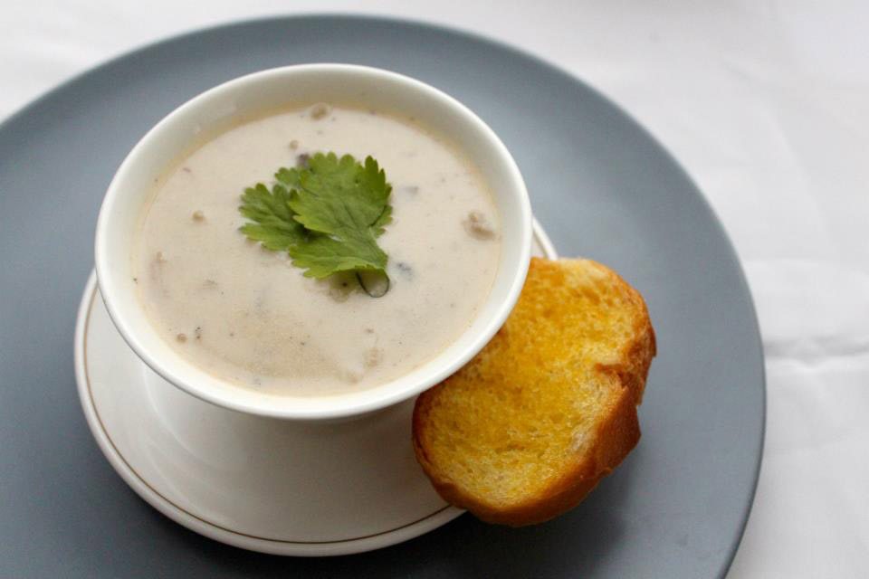 Cream of Mushroom Soup Served with Bread Roll